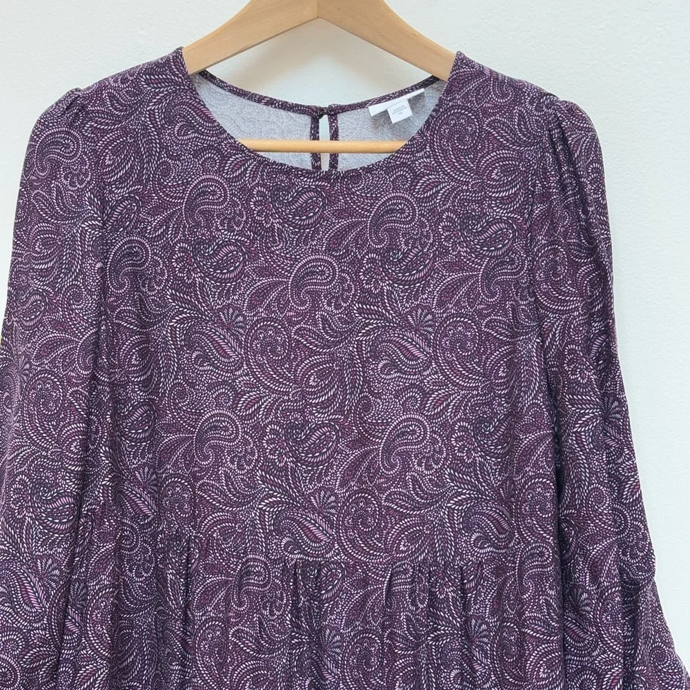 J. Jill Paisley Print Tiered Midi Dress Long Sleeve Cottagecore Boho Plum XS